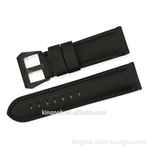 24mm Fabric Canvas Genuine Leather Watch Band Strap Pre-V Tang Buckle Style Padded Belt Strap